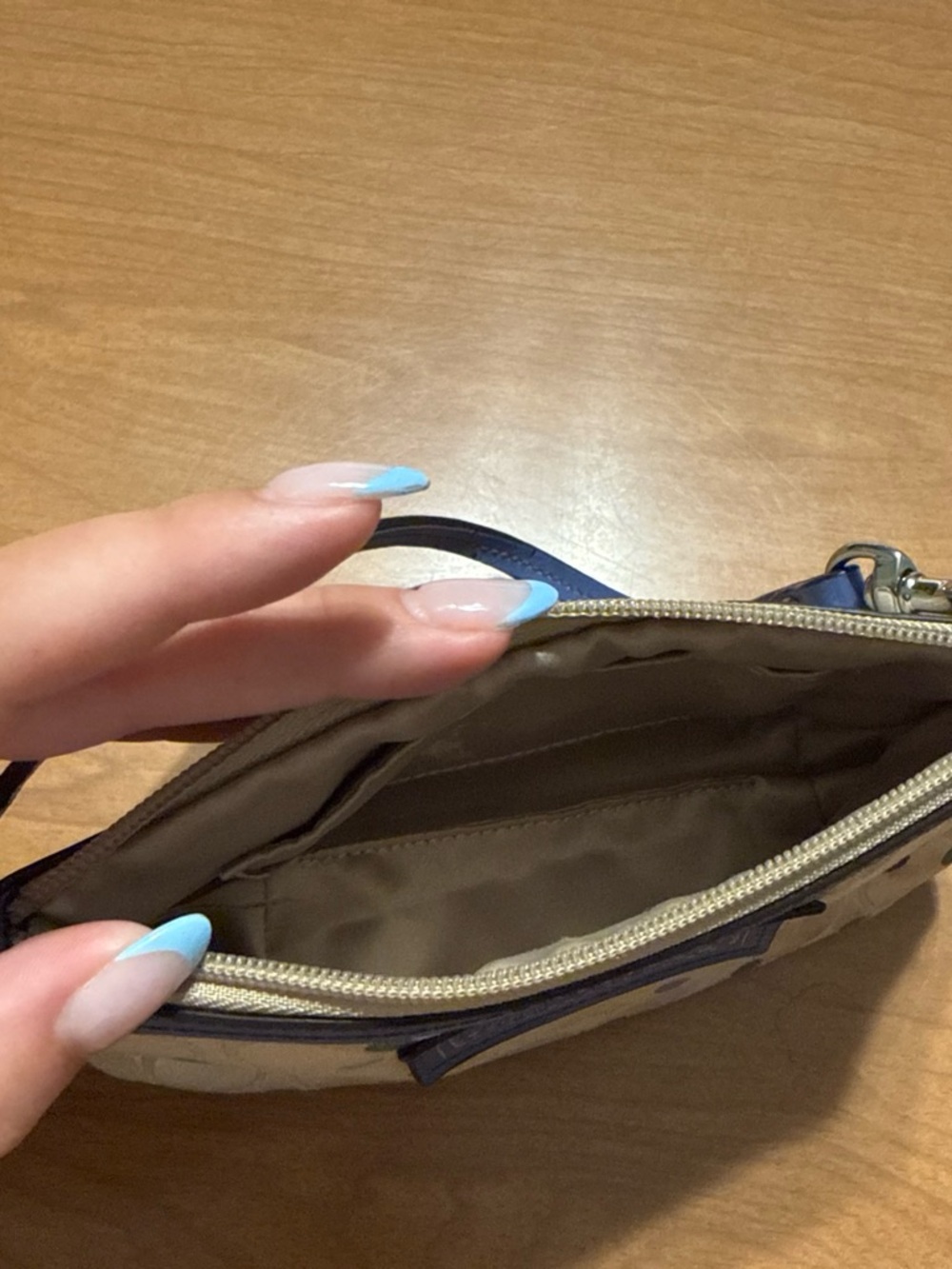 Coach Beige Signature Wristlet with Blue Trim and Multicolor Dots - Picture 5 of 5